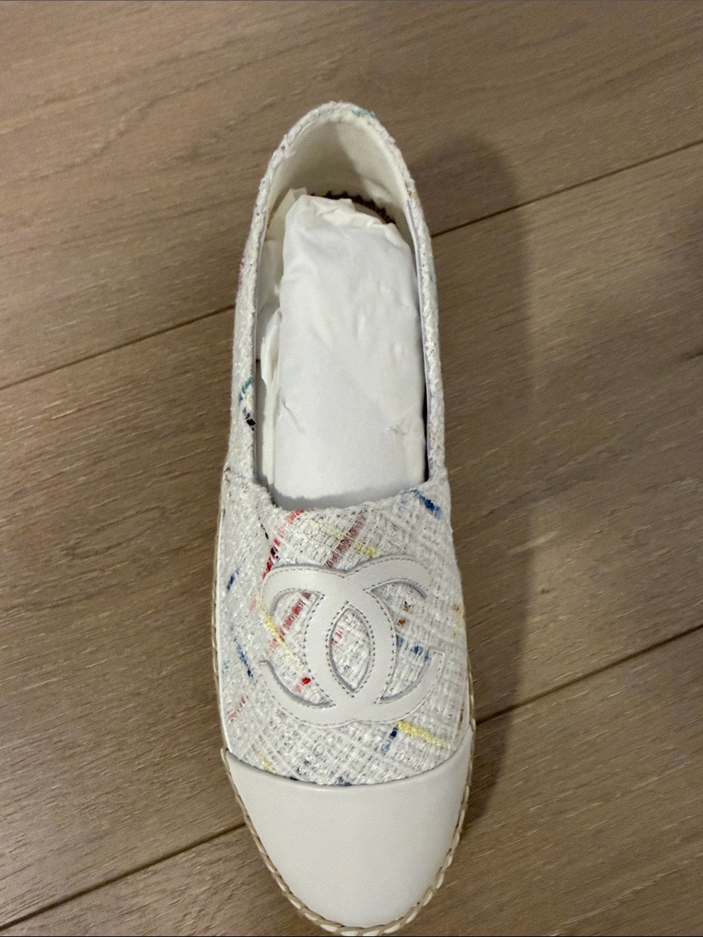 CHANEL White Tweed Espadrille Slip-On with Multicolor Thread Detail
